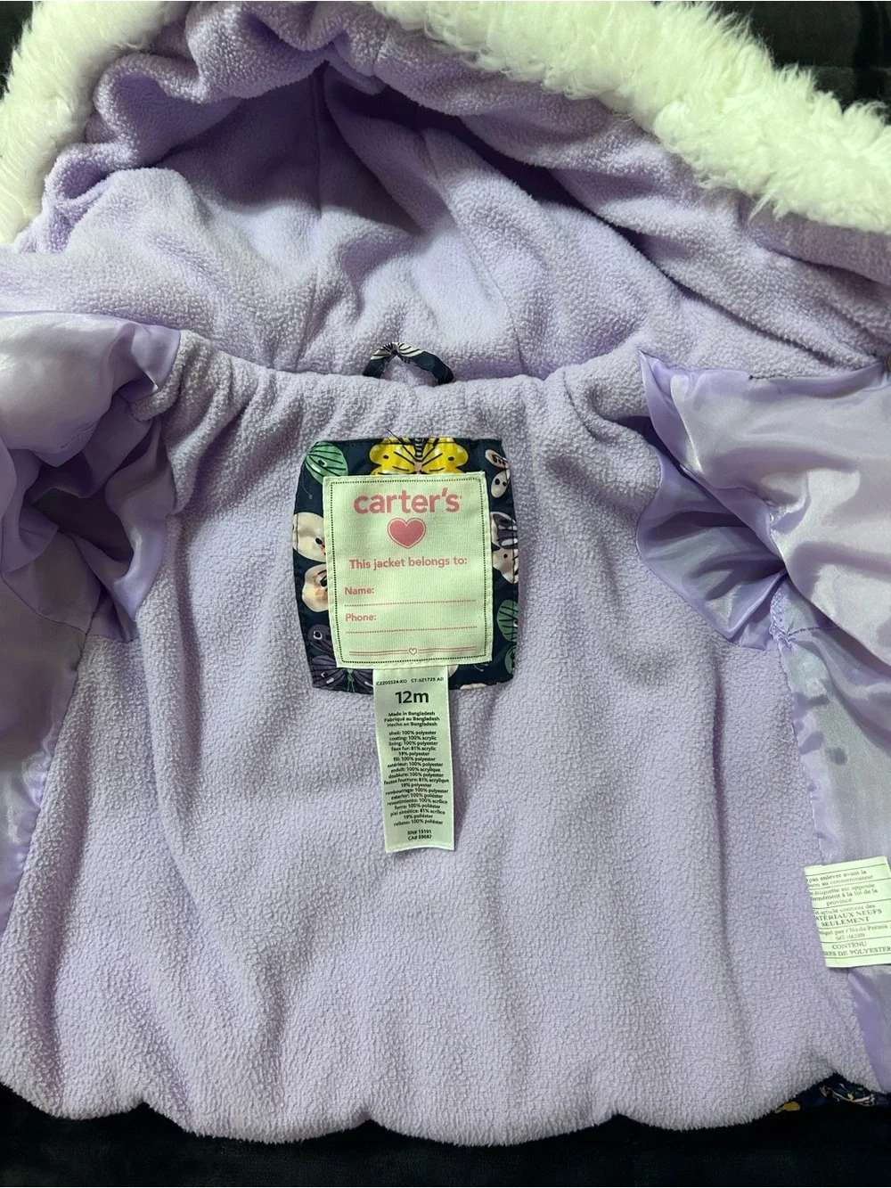 Carter’s Blue Butterfly Print Faux Fur Hooded Puffer Jacket